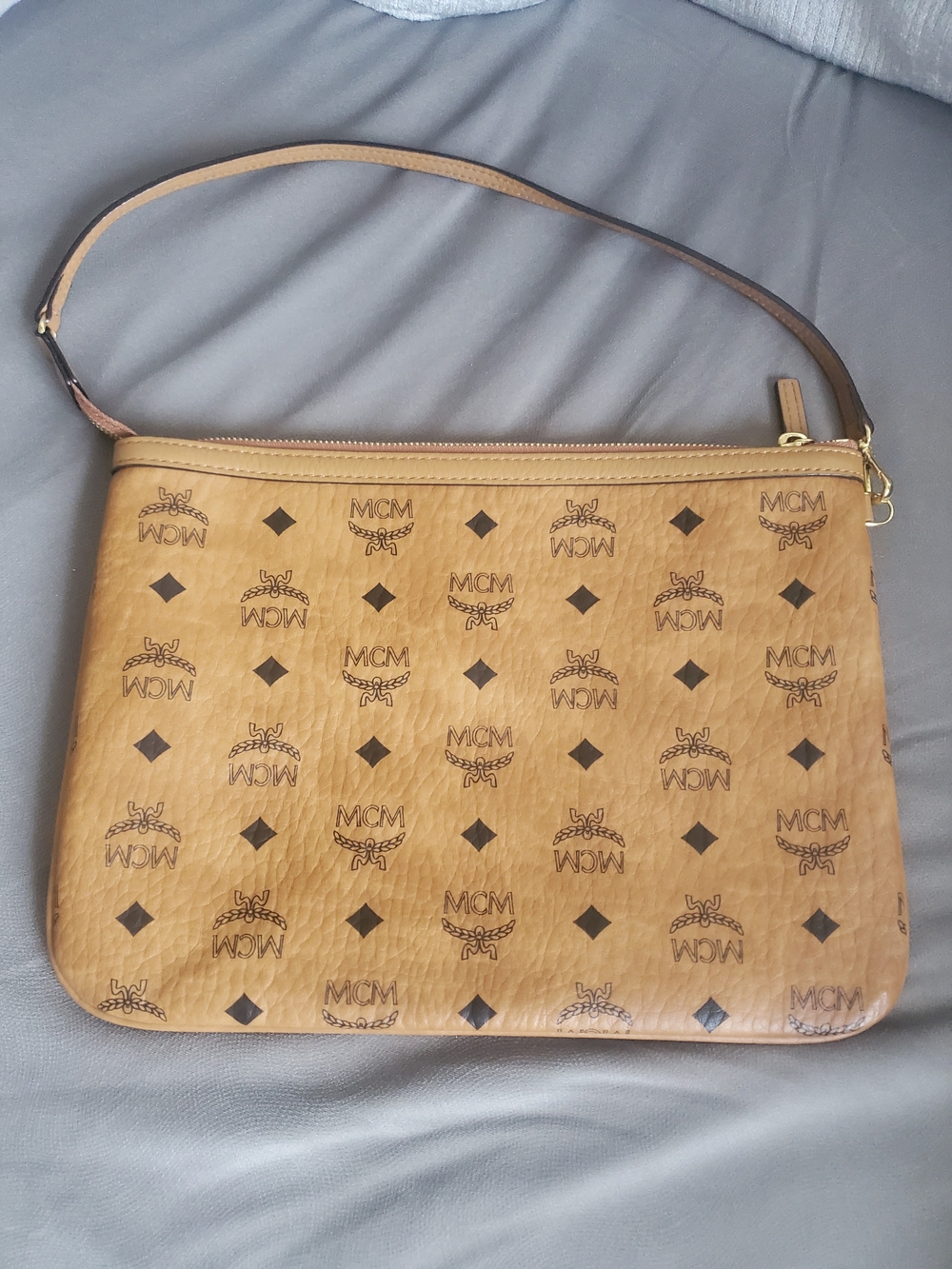 MCM Authentic Leather Cognac Visetos Logo Zip Pouch Shoulder Bag Like New